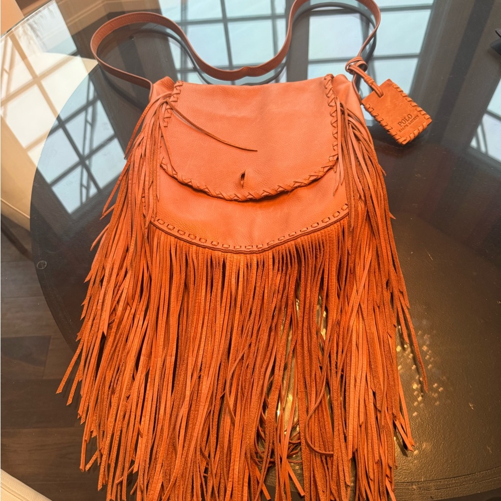Fringed Ralph Lauren tan Leather Crossbody Bag